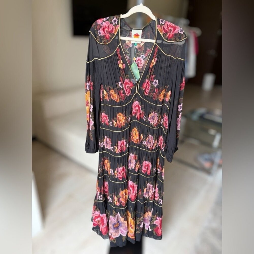 Farm Rio: Black Chenille Flowers Long Sleeve Midi Dress DT - Picture 6 of 10